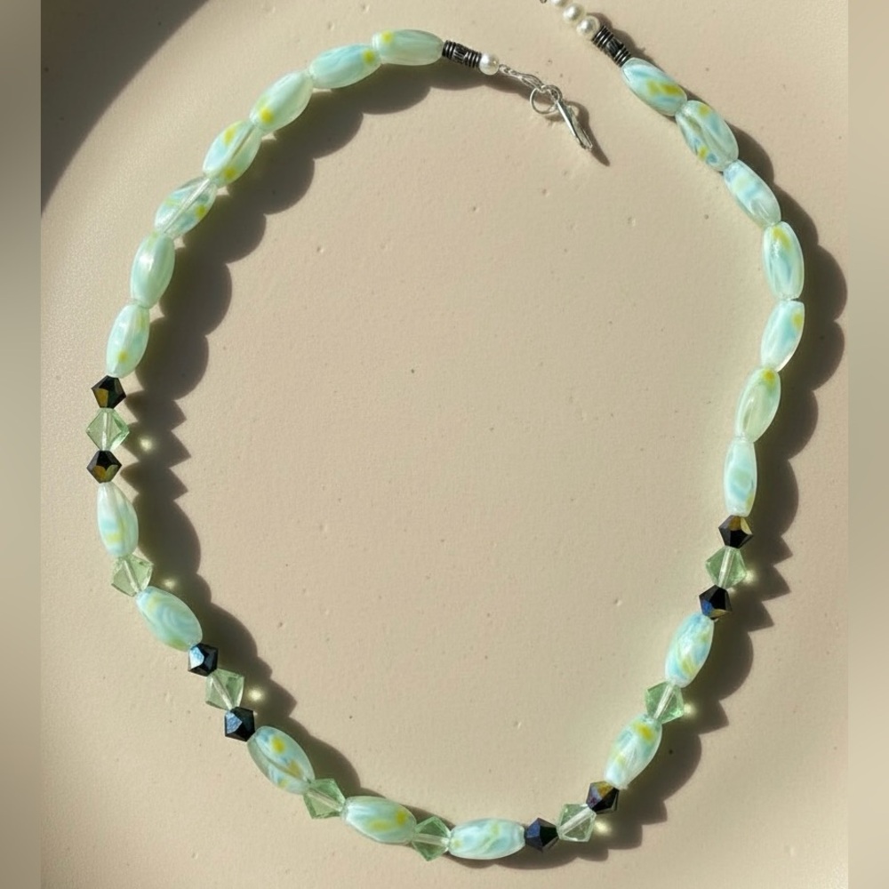 Vintage Beaded Necklace Mint Green Glass Swavorski Crystal Choker Necklace